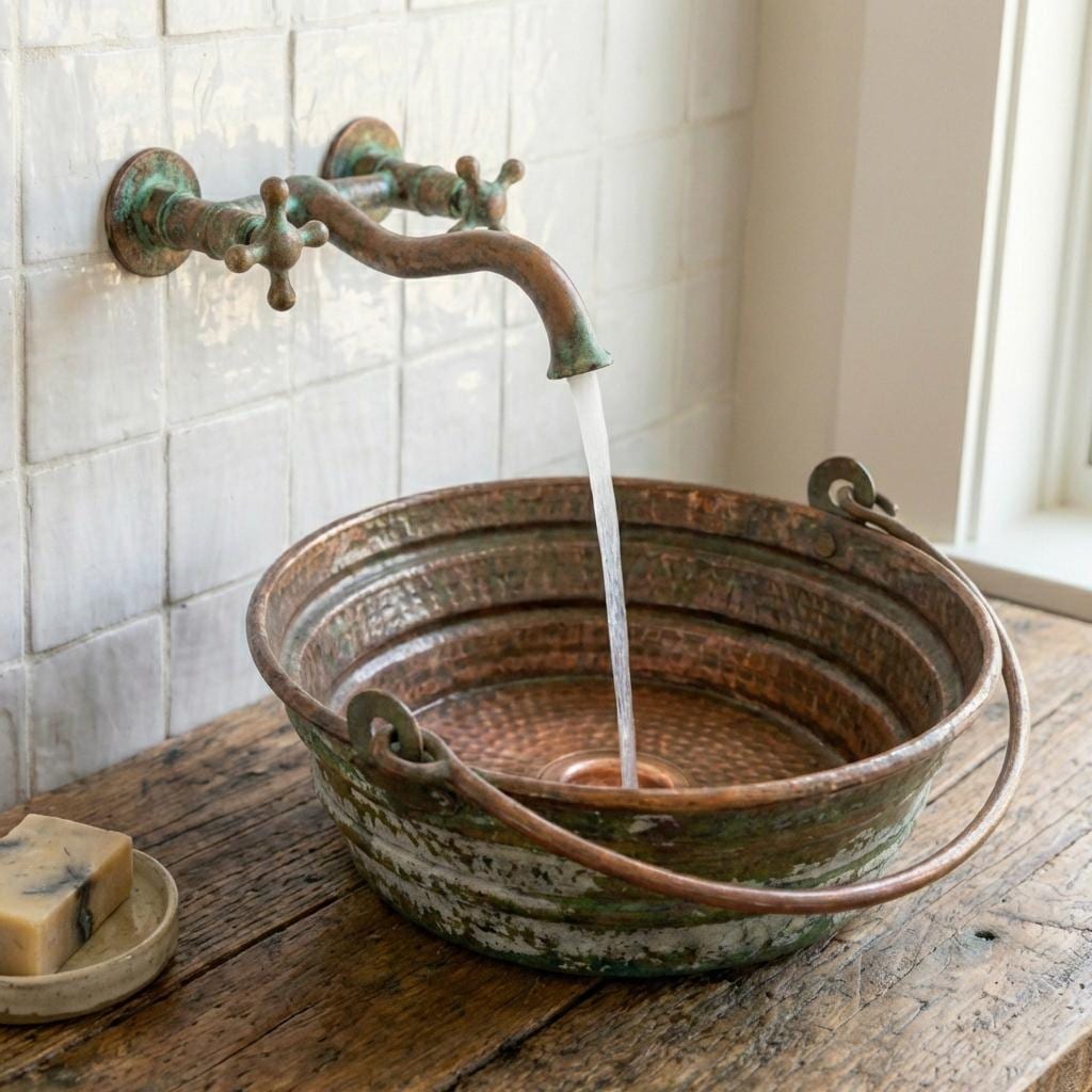 Handmade Verdigris Copper Vessel Sink – Rustic Hammered Farmhouse Basin