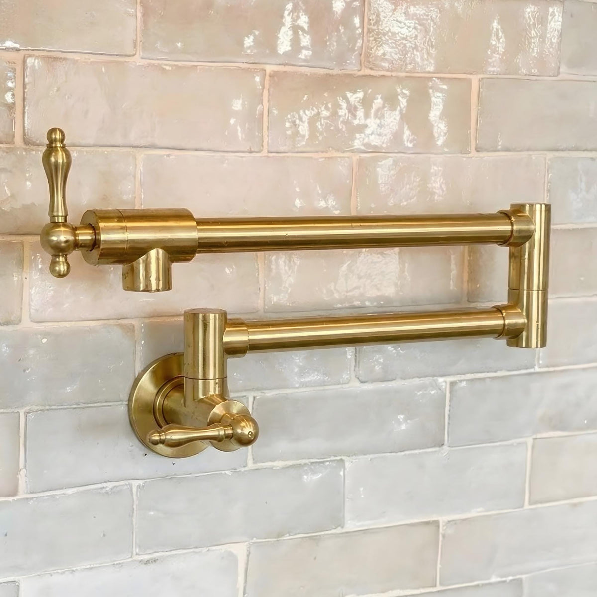 Unlacquered Brass Pot Filler, Lever Handles, Double Joint Swing Arm