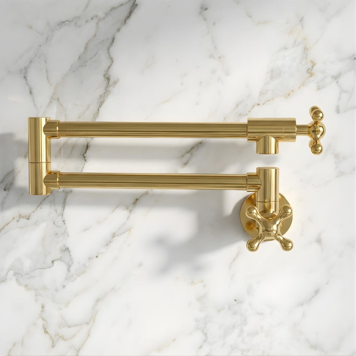 Unlacquered Brass Pot Filler Faucet, Wall Mount Swing Arm, Cross Handles
