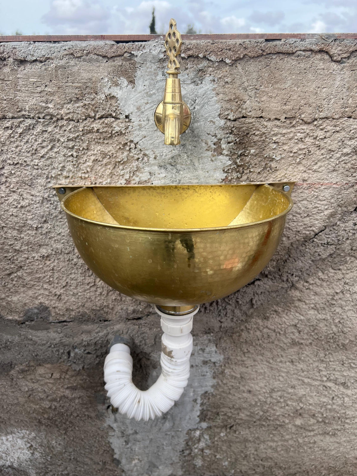 Antique Brass Wall Mount Faucet with engraved Handle, Unlacquered Wall mounted hammered Sink