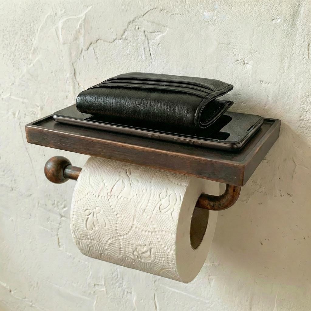 Aged Copper Toilet Paper Holder with Shelf – Handmade Vintage Wall-Mounted Bathroom Roll Holder