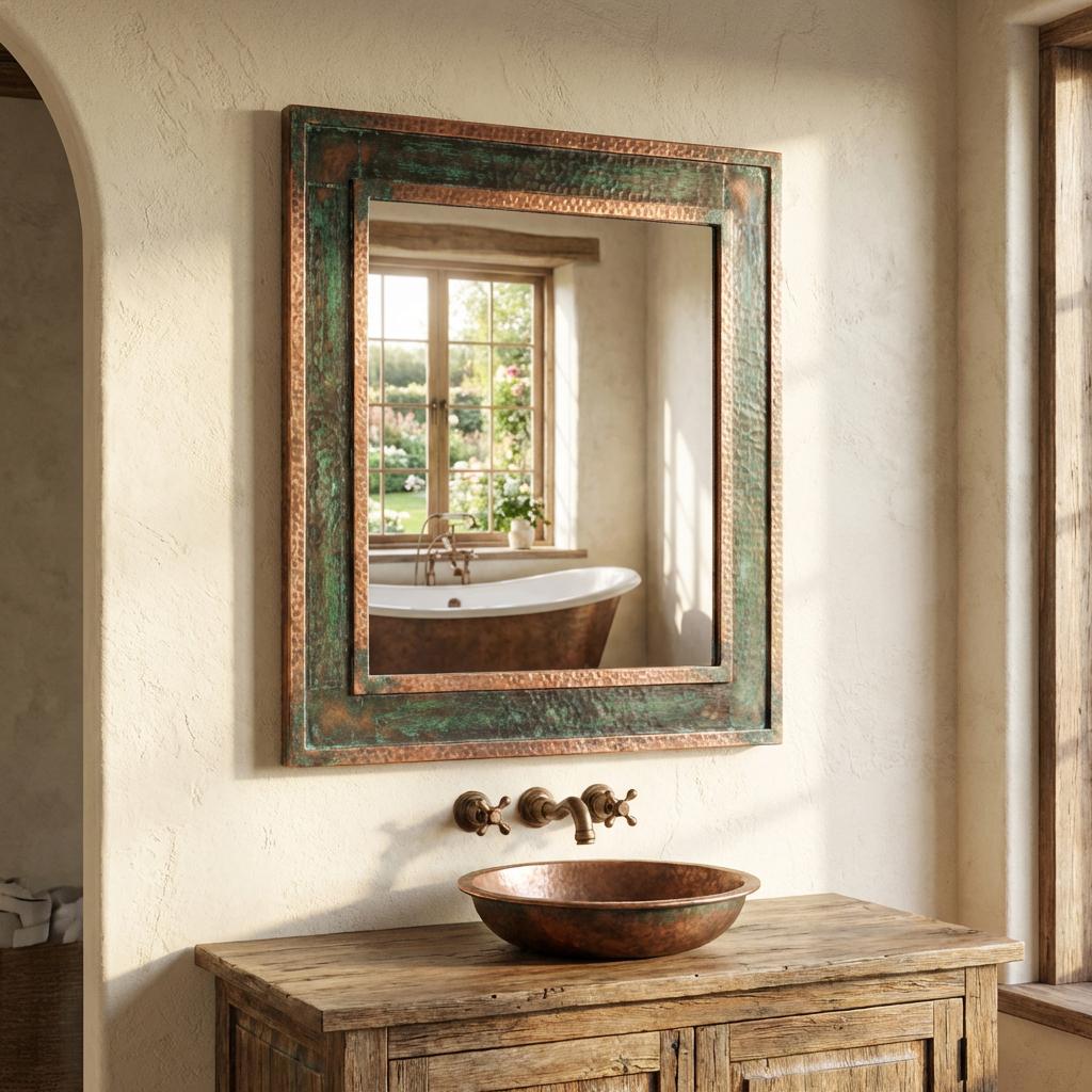 Vintage Verdigris Copper Mirror – Hand-Hammered Rustic Wall Mirror for Bathroom
