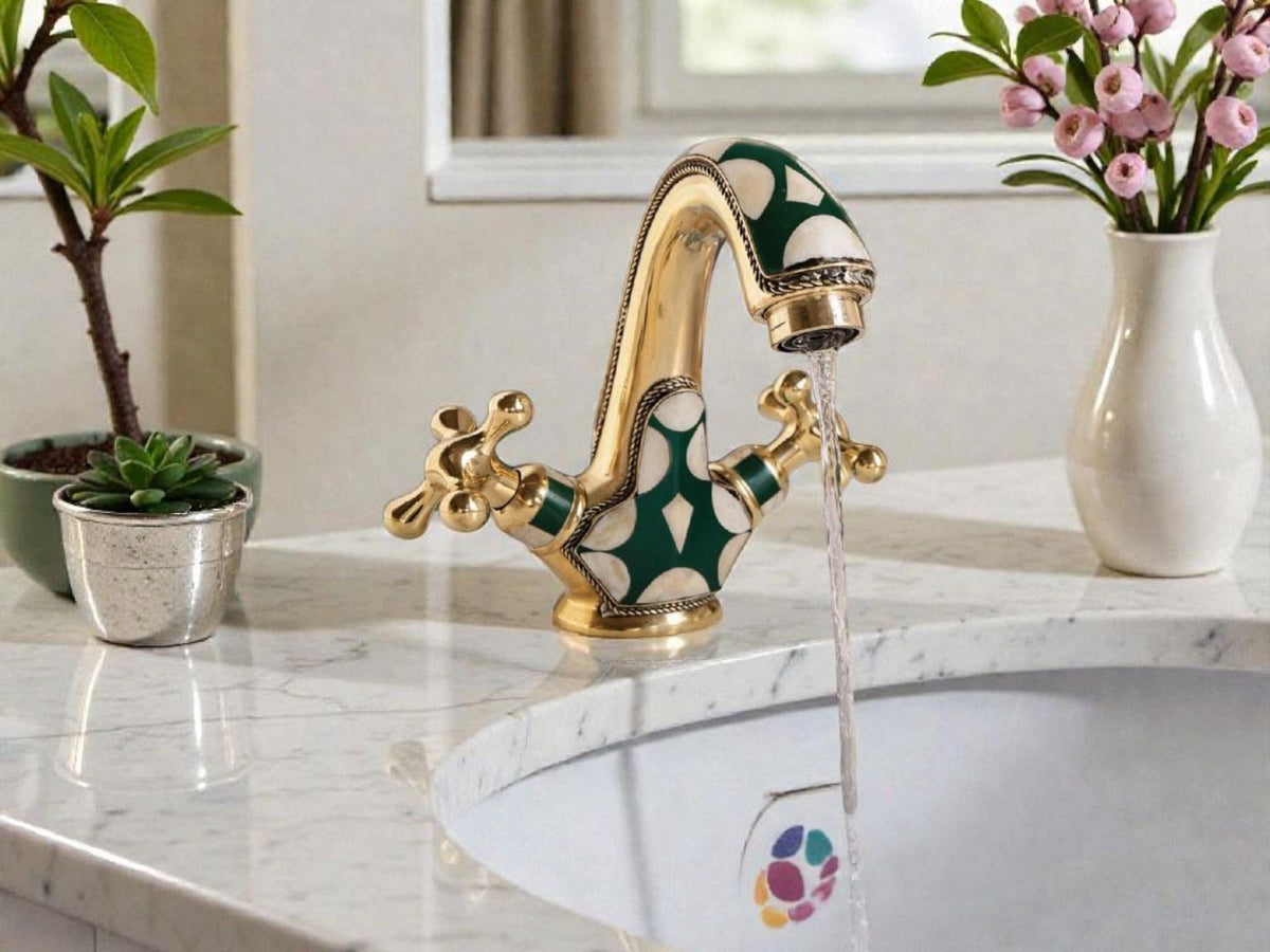 Unlacquered Brass Bathroom Faucet: Resin and Bone Inlay, Antique Decor
