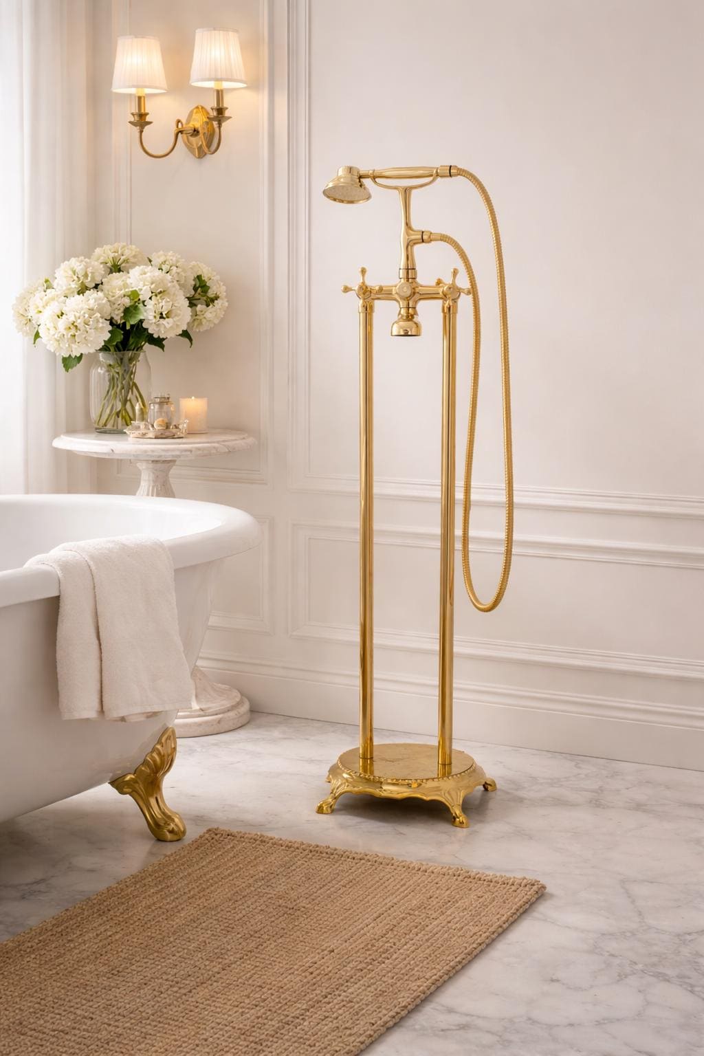 Unlacquered Brass Tub Filler, Solid Brass Floor Mount Faucet, Handcrafted