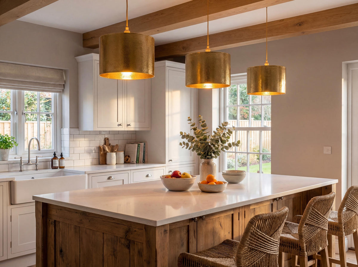Hammered Solid Brass Cylinder Pendant Light, Kitchen Island Lighting