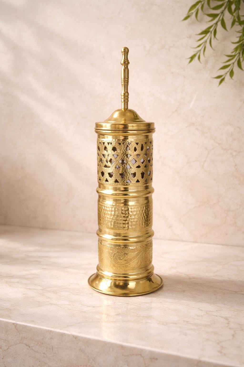 Etched Brass Toilet Brush and Holder