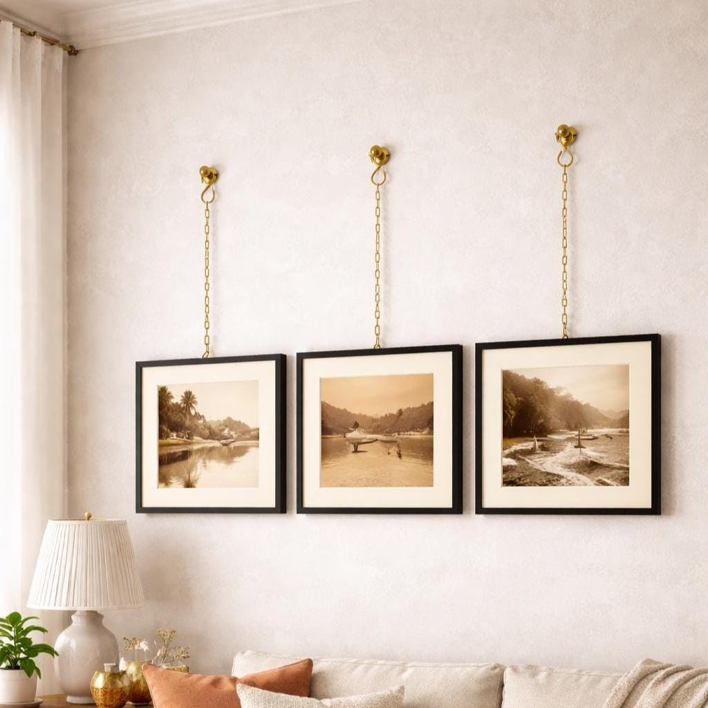 Brass Hanging Chains with Wall Hooks – Gold Picture Frame Chain Set – Vintage Style Gallery Wall Hardware – Luxury Home 
