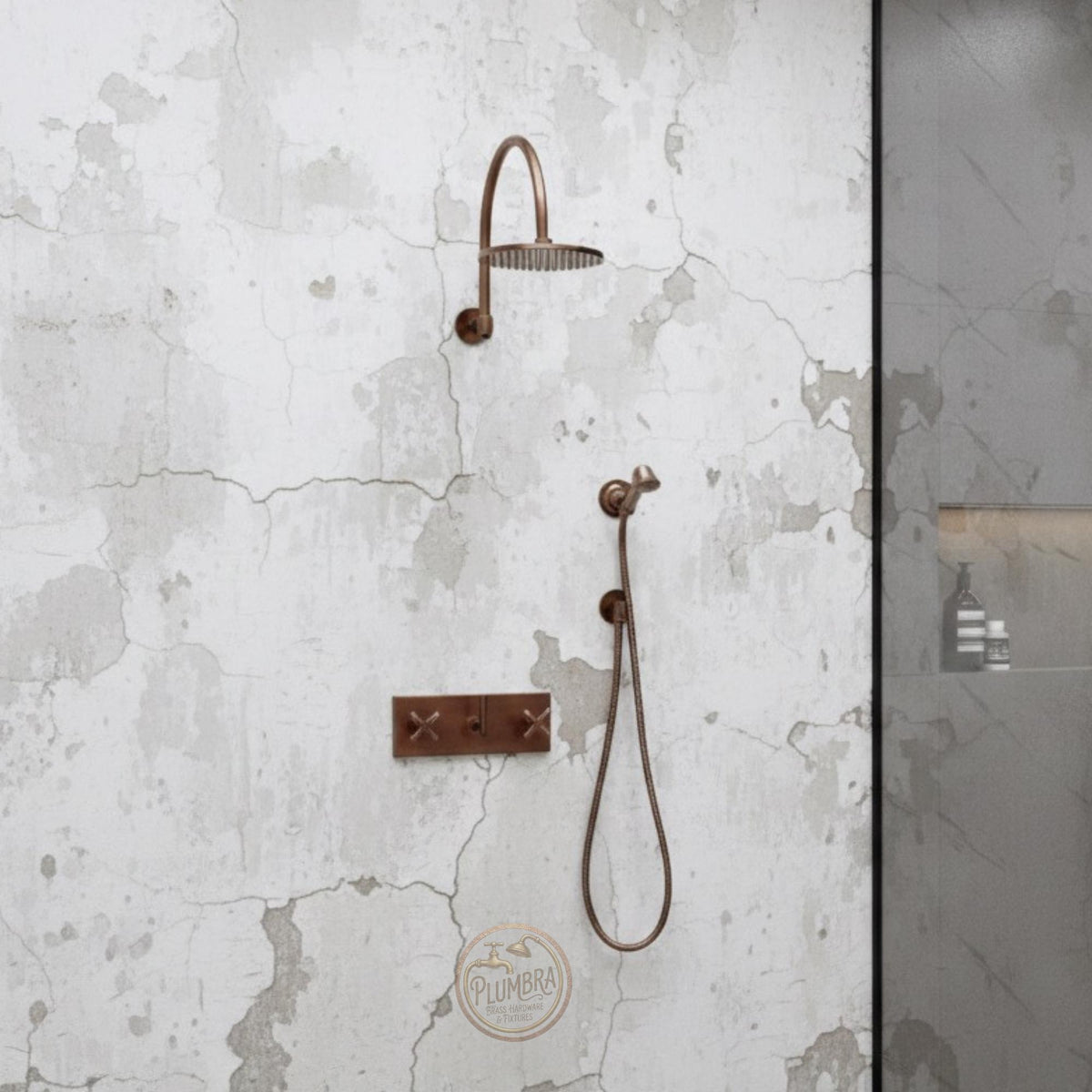 Antique Copper Rain Shower System, Solid Brass, Cross Handles