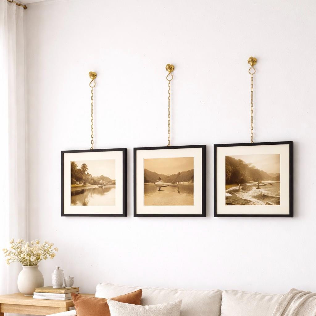 Set of 3 Brass Hanging Chains with Wall Hooks – Gold Picture Frame Chain Set – Vintage Style Gallery Wall Hardware – Lux