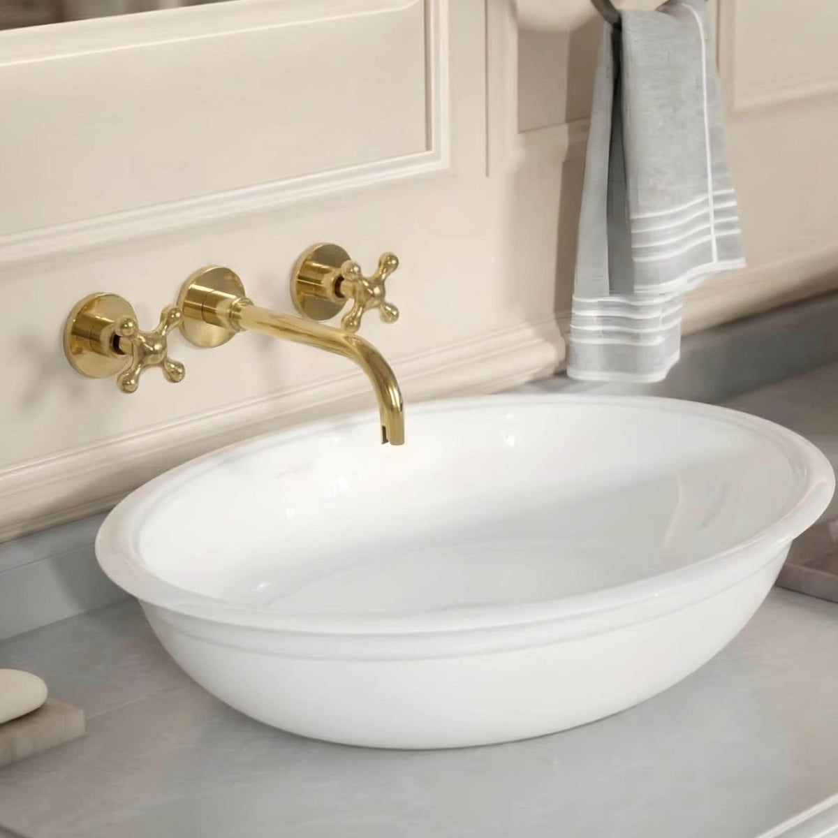 Unlacquered Brass Wall-Mount Sink Faucet with Cross handles