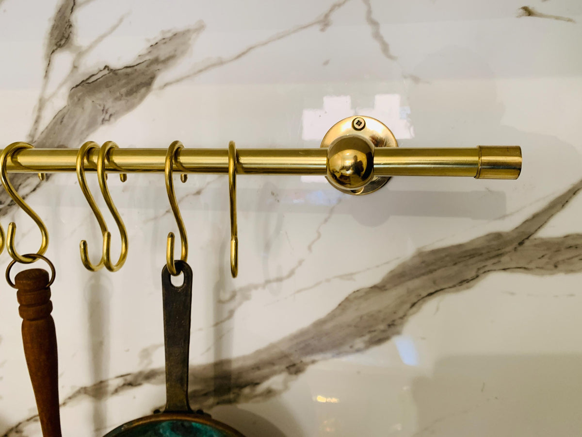 Unlacquered Brass Pot Rack Wall Mount For Kitchen with "S" Hooks
