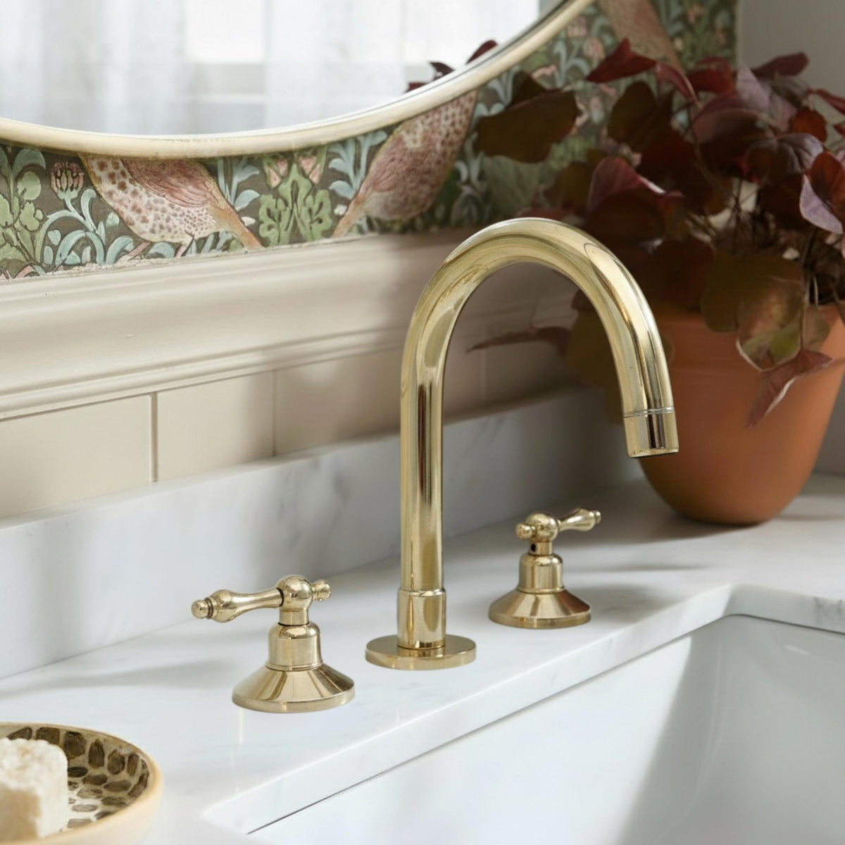 Unlacquered Brass Widespread Bathroom Sink Faucet With Lever Handles