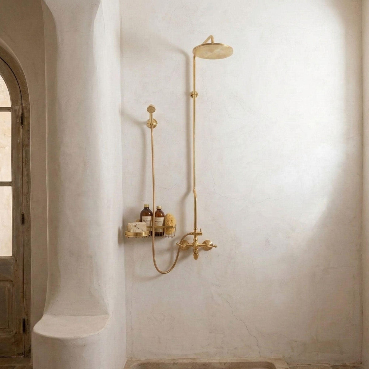 Unlacquered Brass Shower System with Tub Filler & Handheld - Exposed Pipe Shower Set - Vintage Style Wall Mount Solid Br