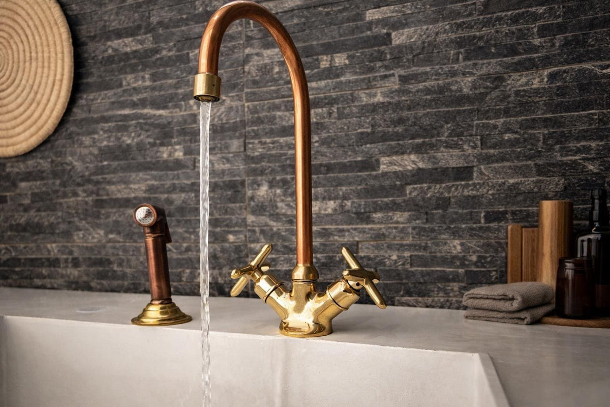 Moroccan Copper Brass Bridge Kitchen Faucet – Luxury Marble Kitchen Tap – Unlacquered Brass Mixer – Sink Faucet – Handma