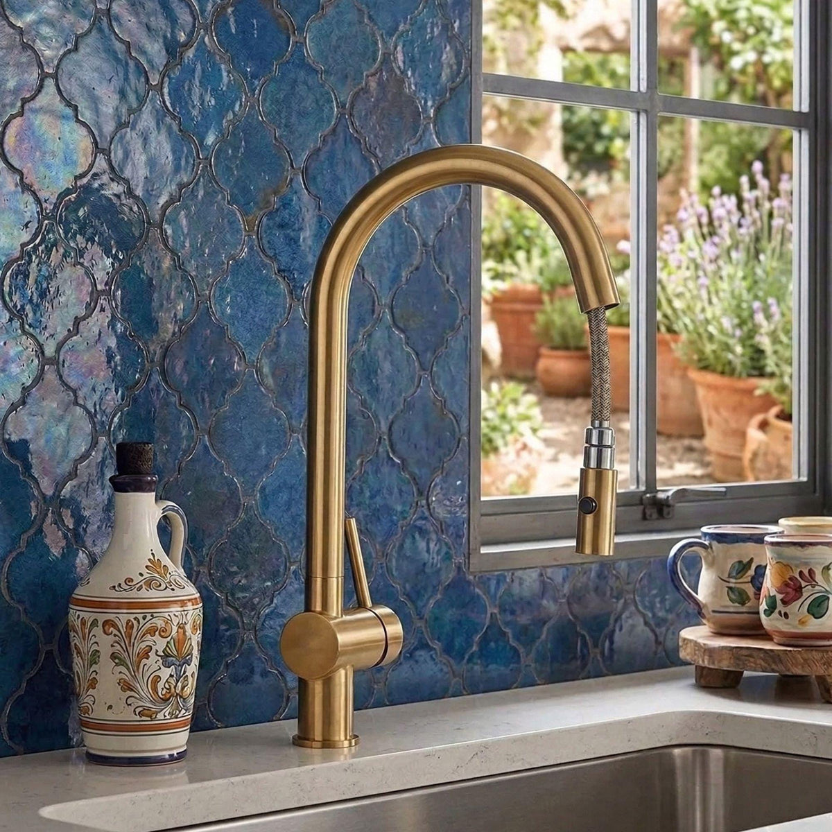 Unlacquered Brass Single Hole Kitchen Faucet, Pull Down Sprayer, Solid Brass Home Fixture