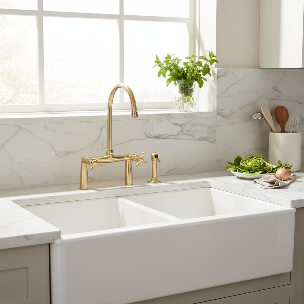 Unlacquered Brass Bridge Kitchen Faucet, Sink Faucet, Vintage Patina