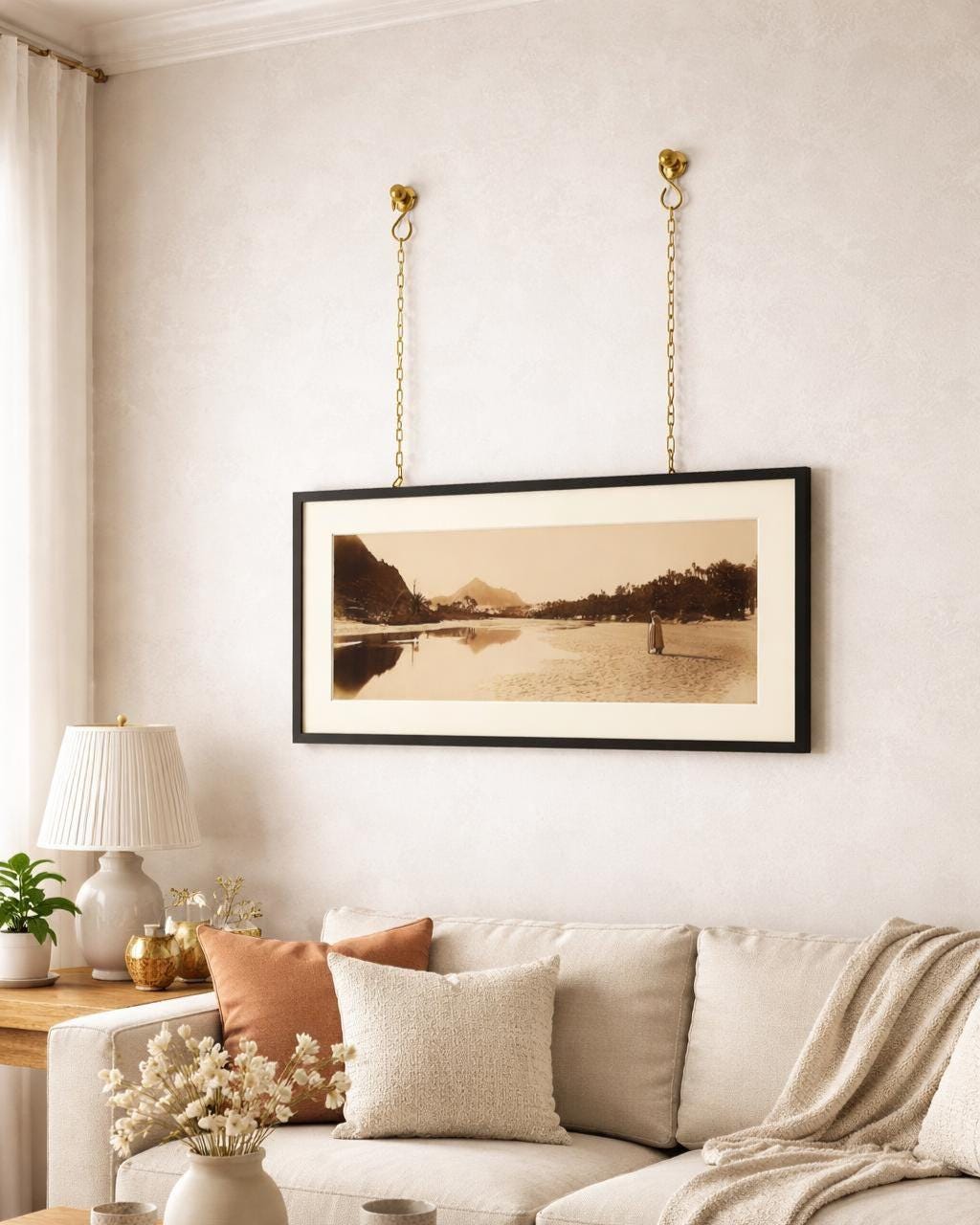 Brass Picture Chain Set with Wall Hooks, Gold Gallery Rail Hardware, Vintage Art Display Kit, Solid Brass Decor