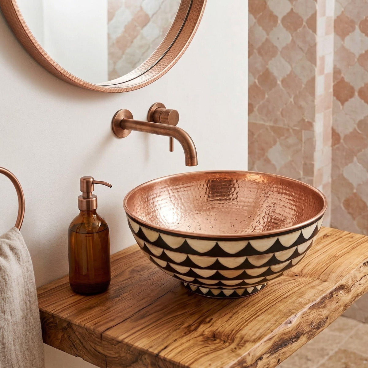 Moroccan Copper Sink Bowl, Handcrafted Hammered Vanity Basin, Drop-in Round Bathroom Sink