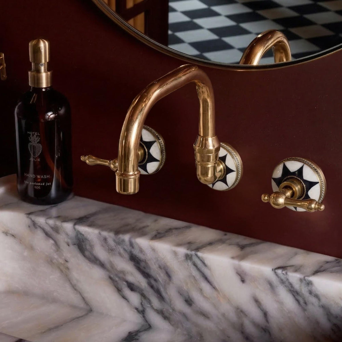 Unlacquered Brass and Resin Wall-Mount Bathroom Faucet with Lever Handles