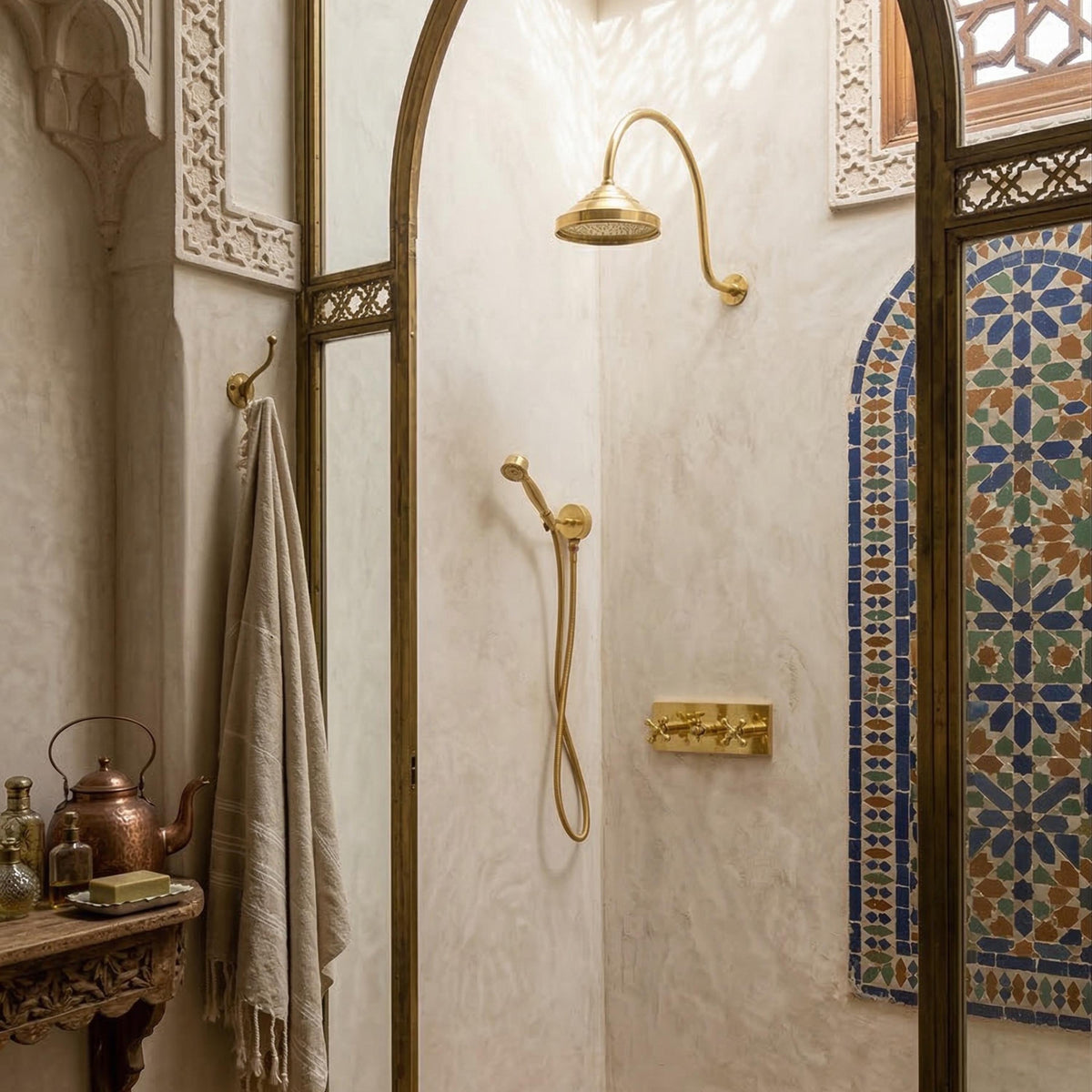 Unlacquered Brass Shower System – Vintage Bathroom Fixtures, Handheld Spray, Built-in Showerhead