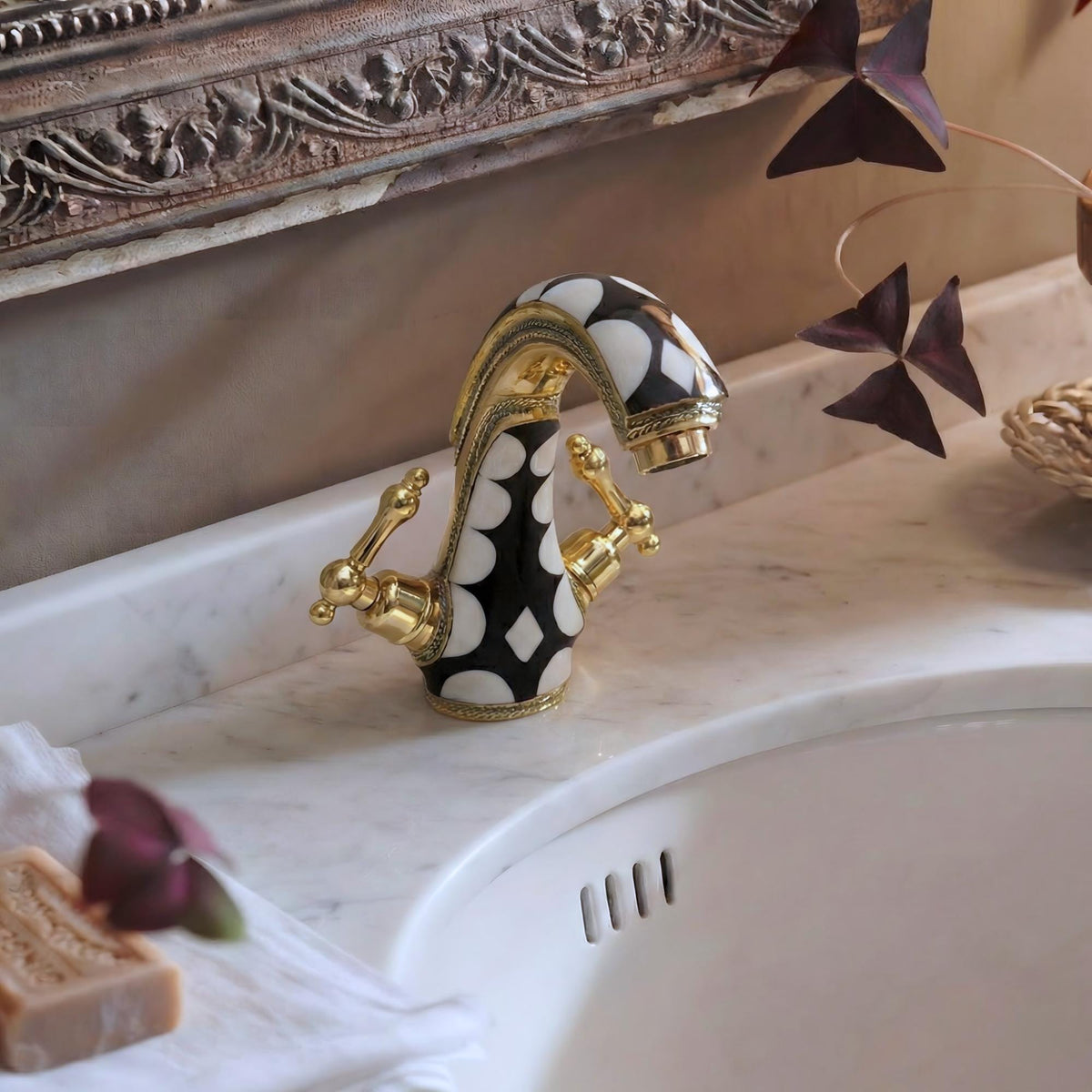Unlacquered Brass and Resin Single Hole Bathroom Faucet with Lever Handles