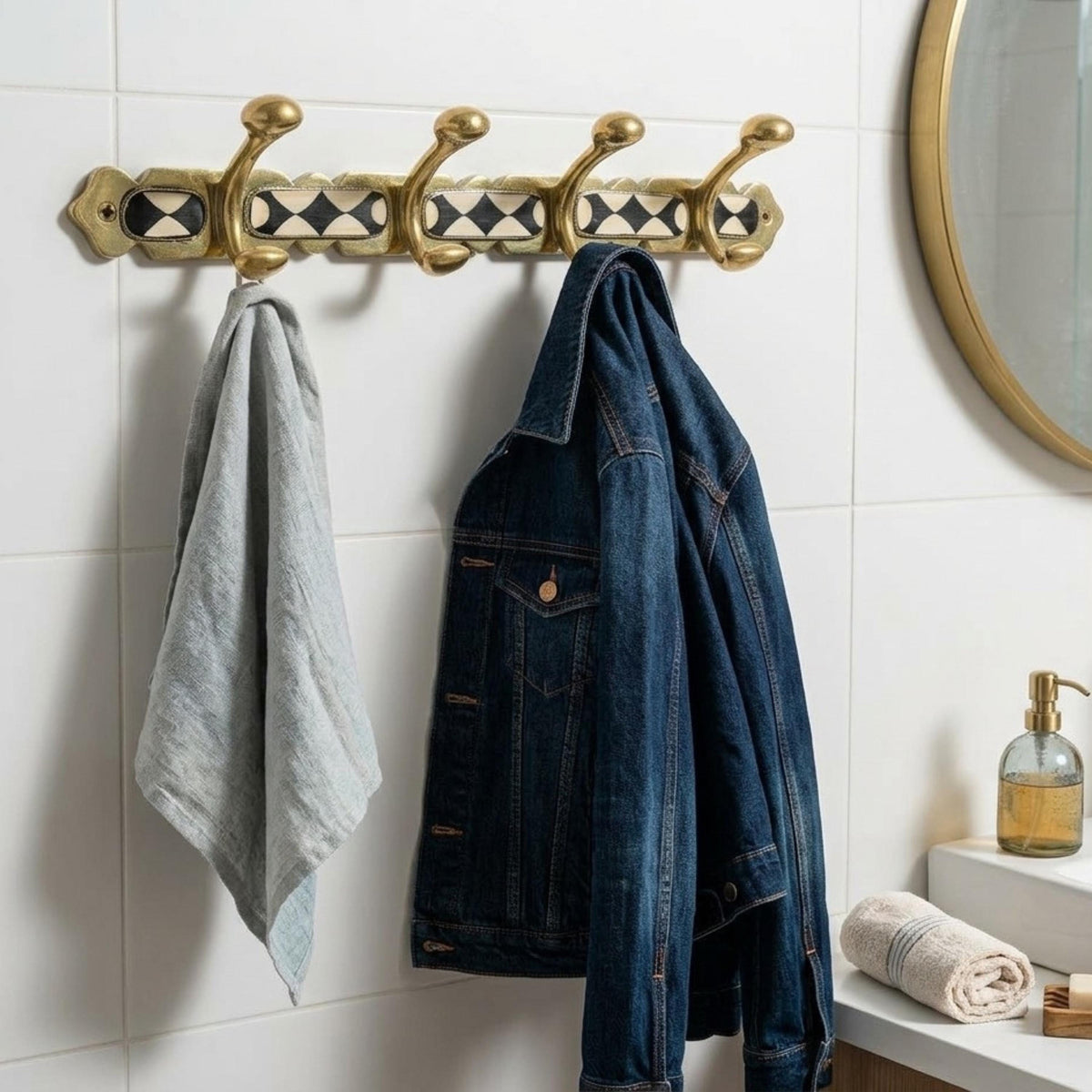 Handmade Moroccan Brass Wall Hook Rack – Colorful Resin Inlay Coat Organizer