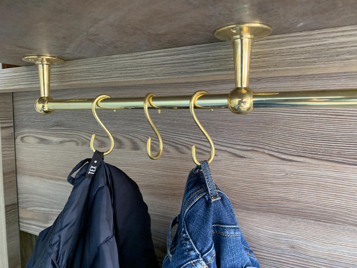 Unlacquered Brass Closet Rod with S hooks