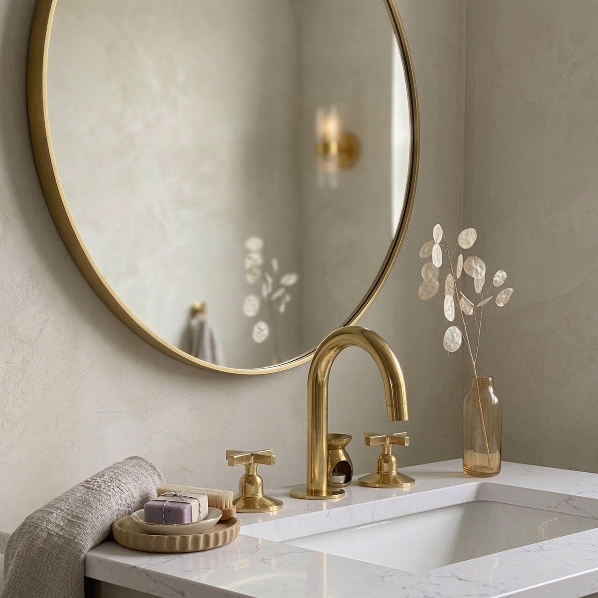 Unlacquered Brass Moroccan Faucet, Three Holes Vanity Sink Fixture