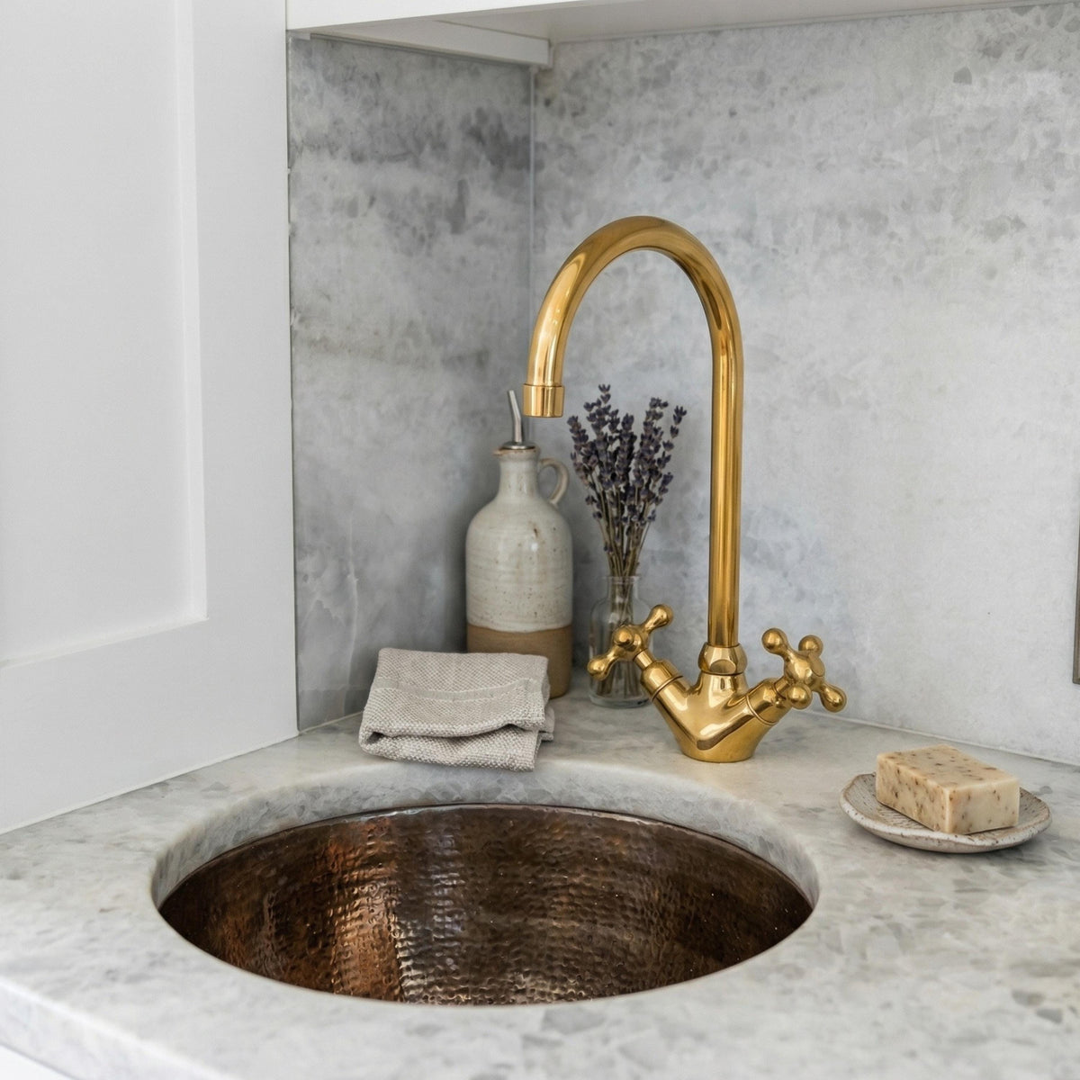 Unlacquered Brass Basin Faucet, Vintage Double Handle Tap, Single Hole Design For Bathroom