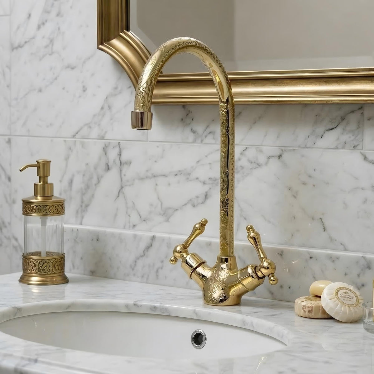 Unlacquered Brass Engraved Gooseneck Single Hole Faucet with Lever