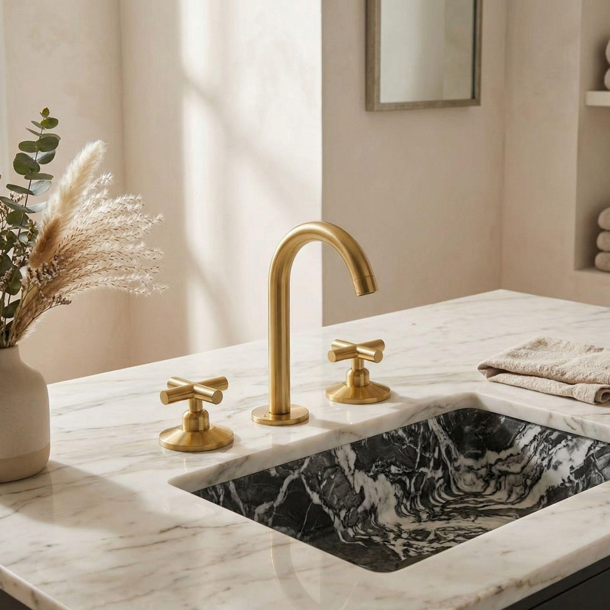 Unlacquered Brass Bathroom Faucet: Widespread 3-Hole Sink Fixture