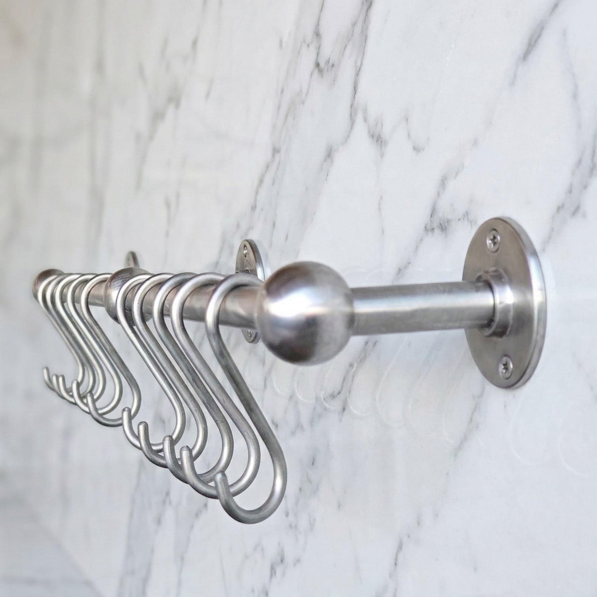 Matte Nickel Pot Rail – Solid Brass Utensil Bar with 10 S-Hooks – Customizable Unlacquered Brass
