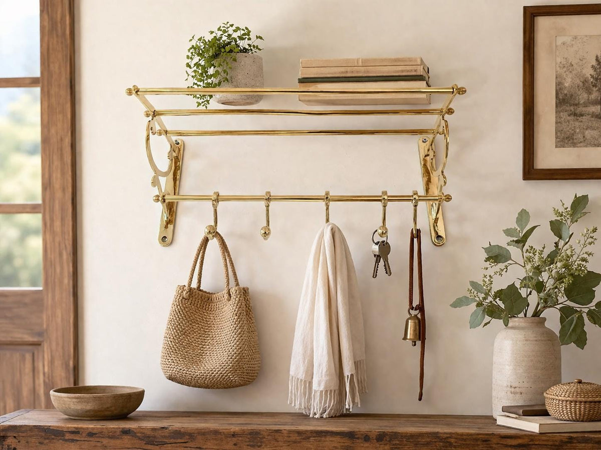 Unlacquered Brass Bathroom Shelf With Hooks For Clothes And Towels - Moroccan Hooks brass - Solid Brass Embossed Coat