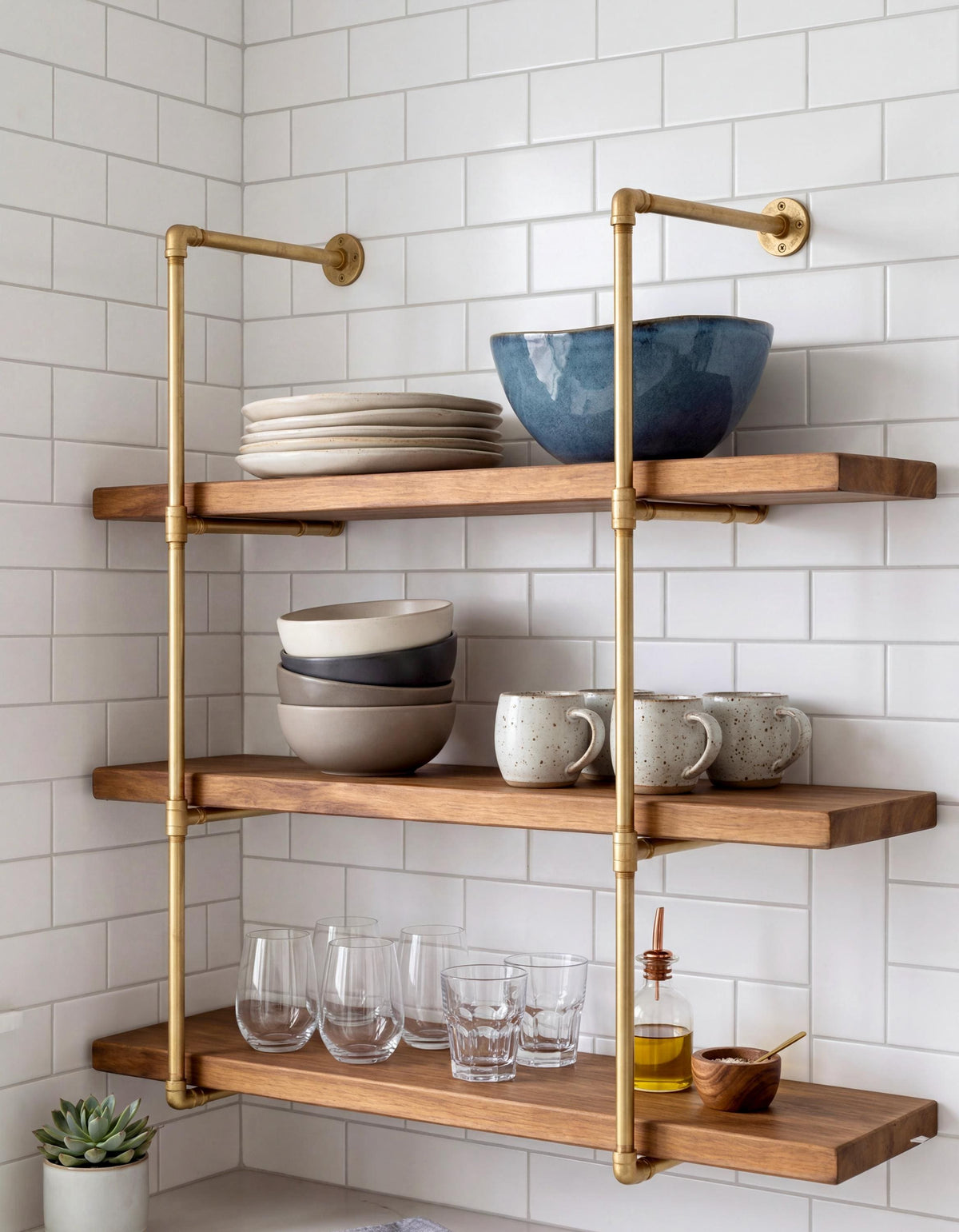 Unlacquered Solid Brass Pipe Shelf – Handmade Minimalist Brass Wall Shelving Unit – Industrial Bathroom Kitchen Storage 
