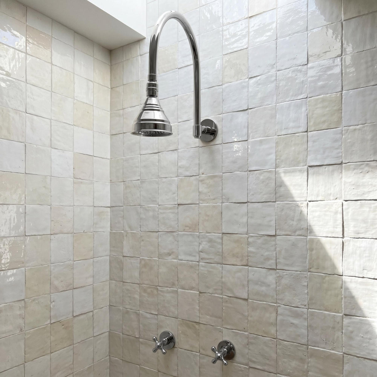 Polished Nickel Shower System with Round Rain Shower Head, Arcuate Arm and Cross Handles