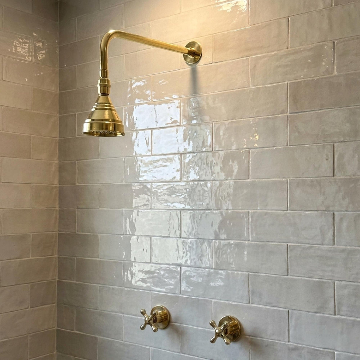 Unlacquered Brass Shower System, Round Rain Shower Head, Cross Handles