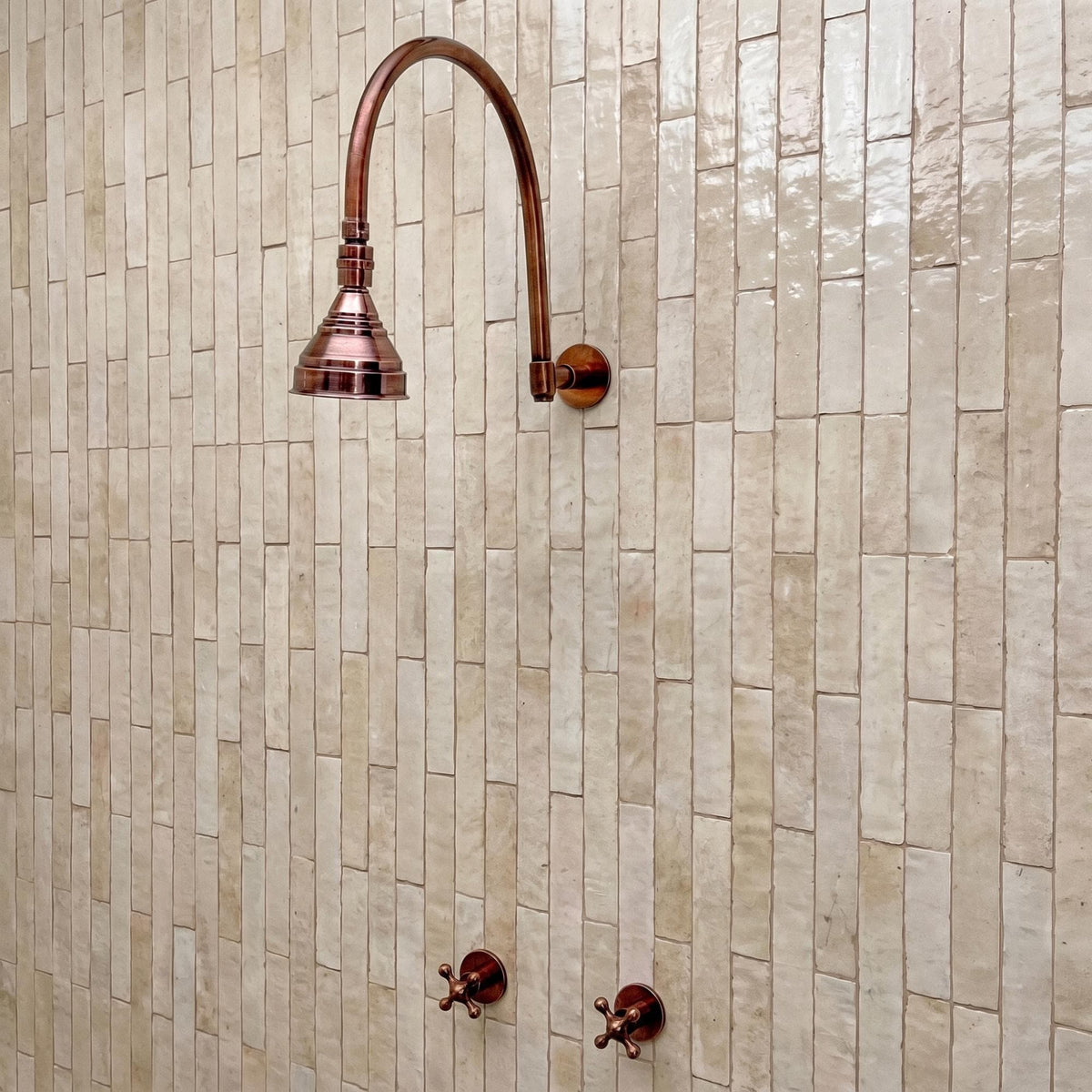 Antique Copper Shower System with Round Rain Shower Head, Arcuate Arm and Cross Handles
