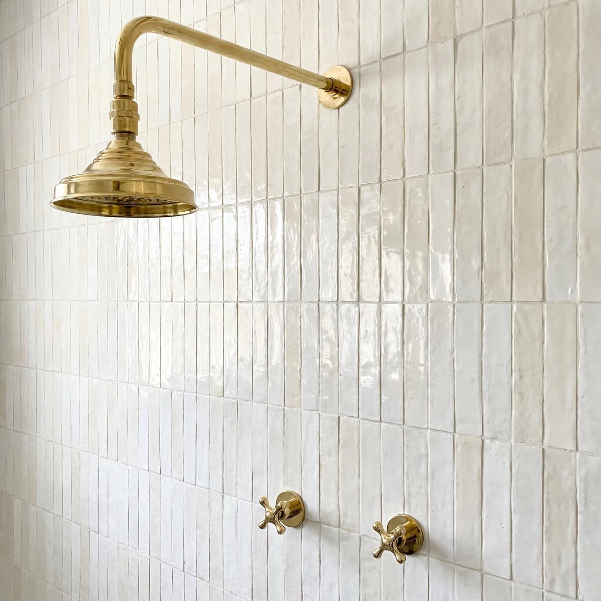 Unlacquered Brass Shower System, Round Rain Shower Head, Cross Handles