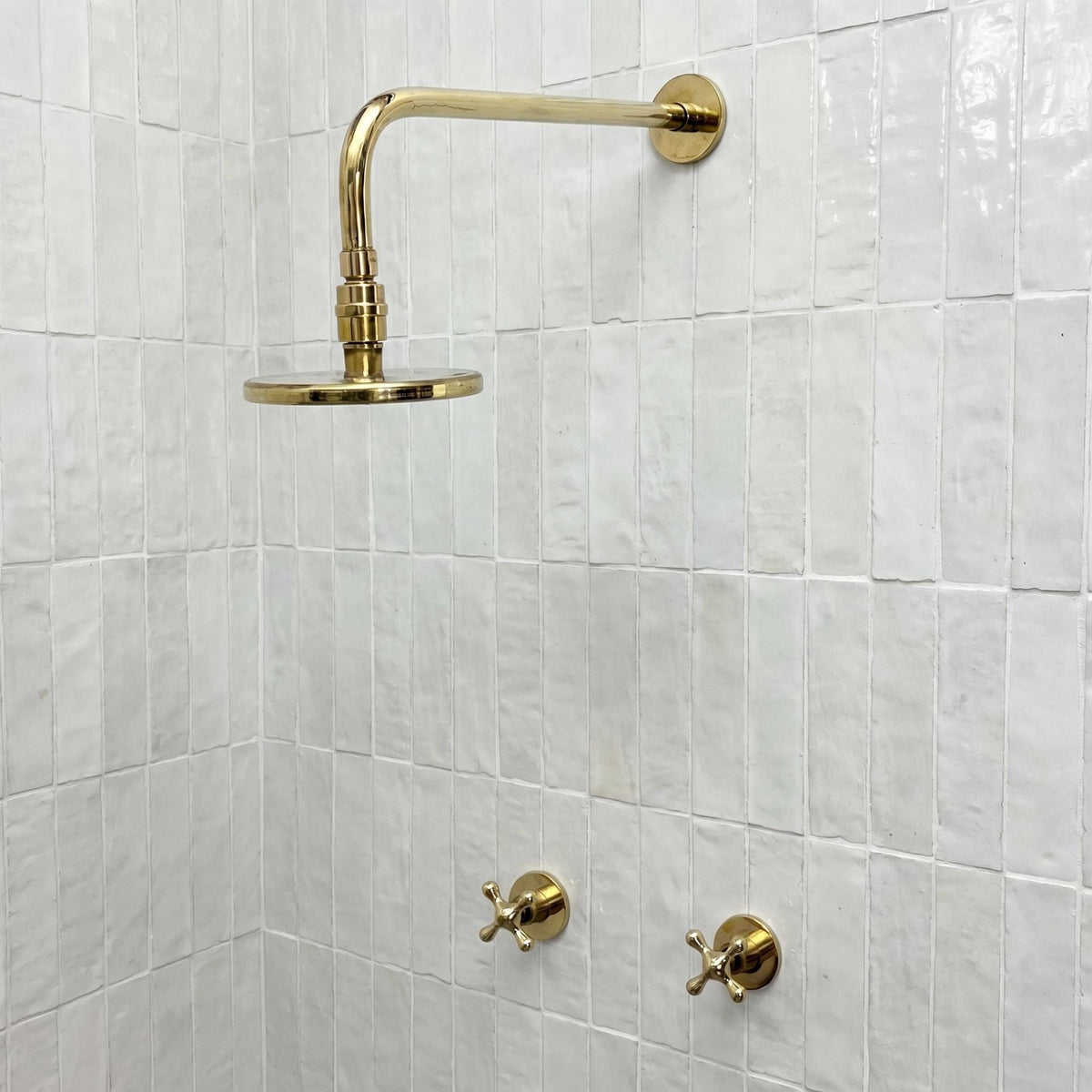 Unlacquered Brass Shower System, Round Rain Shower Head, Cross Handles