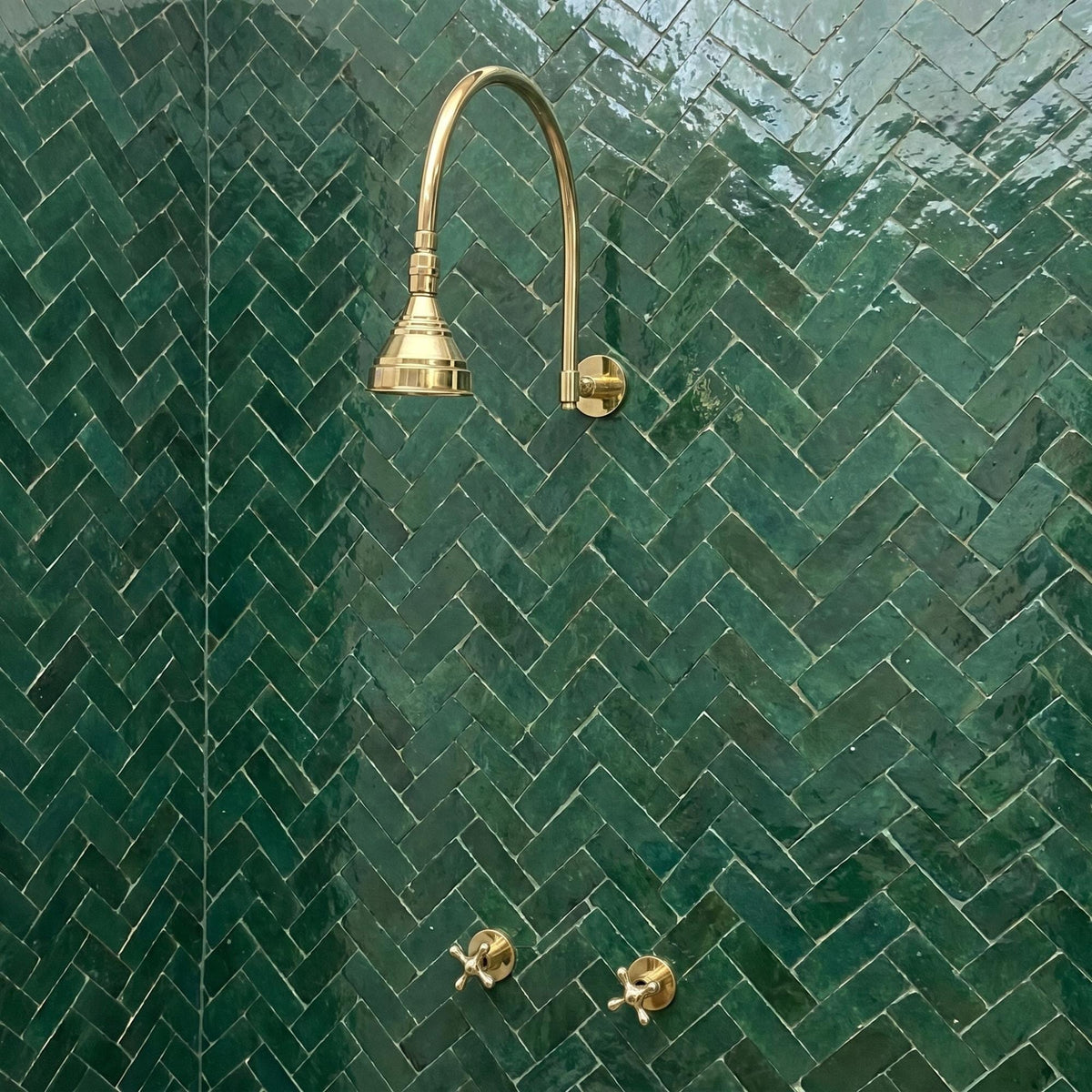 Unlacquered Brass Rain Shower System with Cross Handles