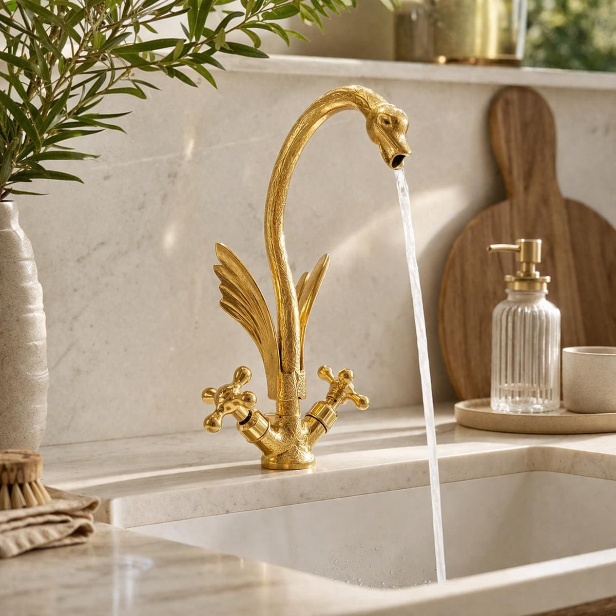 Handmade Moroccan Brass - Unlacquered Brass Swan Faucet with two Handles - Swan Elegance Luxurious and Stylish Swan