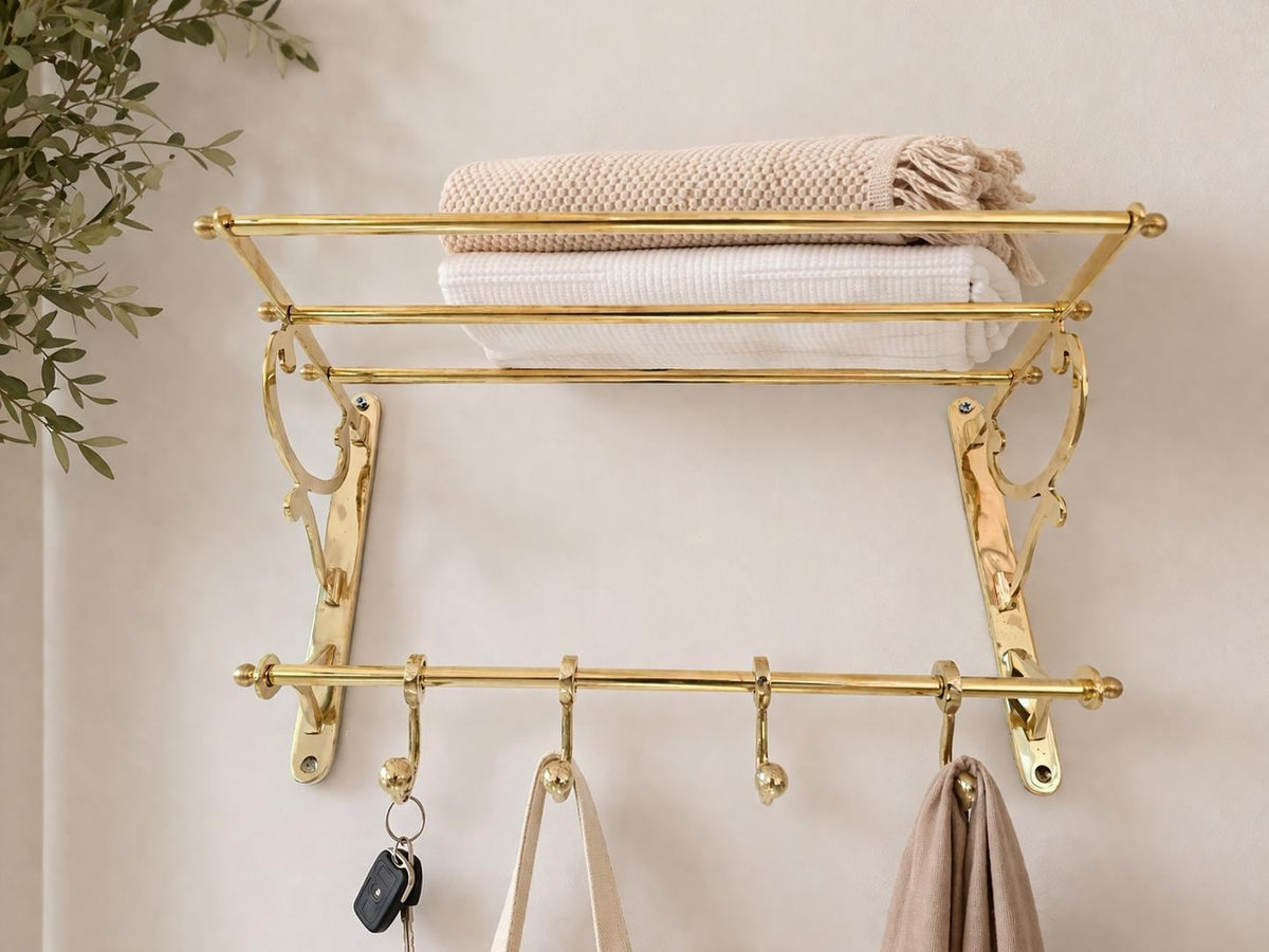 Unlacquered Brass Bathroom Shelf With Hooks For Clothes And Towels -Moroccan Hooks brass - Solid Brass Embossed Coat