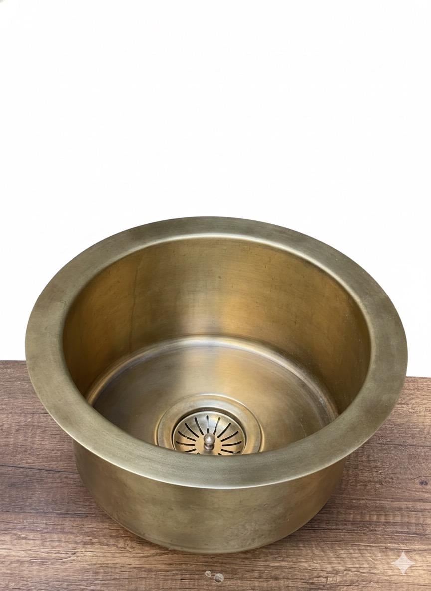 Hand-Hammered Round Brass Sink with Bronze Finish and Matching Drain Basket