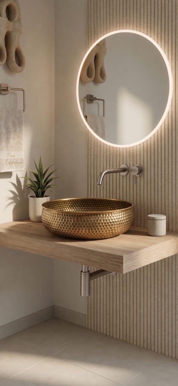 Artisanal Handmade Brass Vessel Sink - Round Bronze Finish - Hammered Mid Century Design - Custom Bathroom Sink