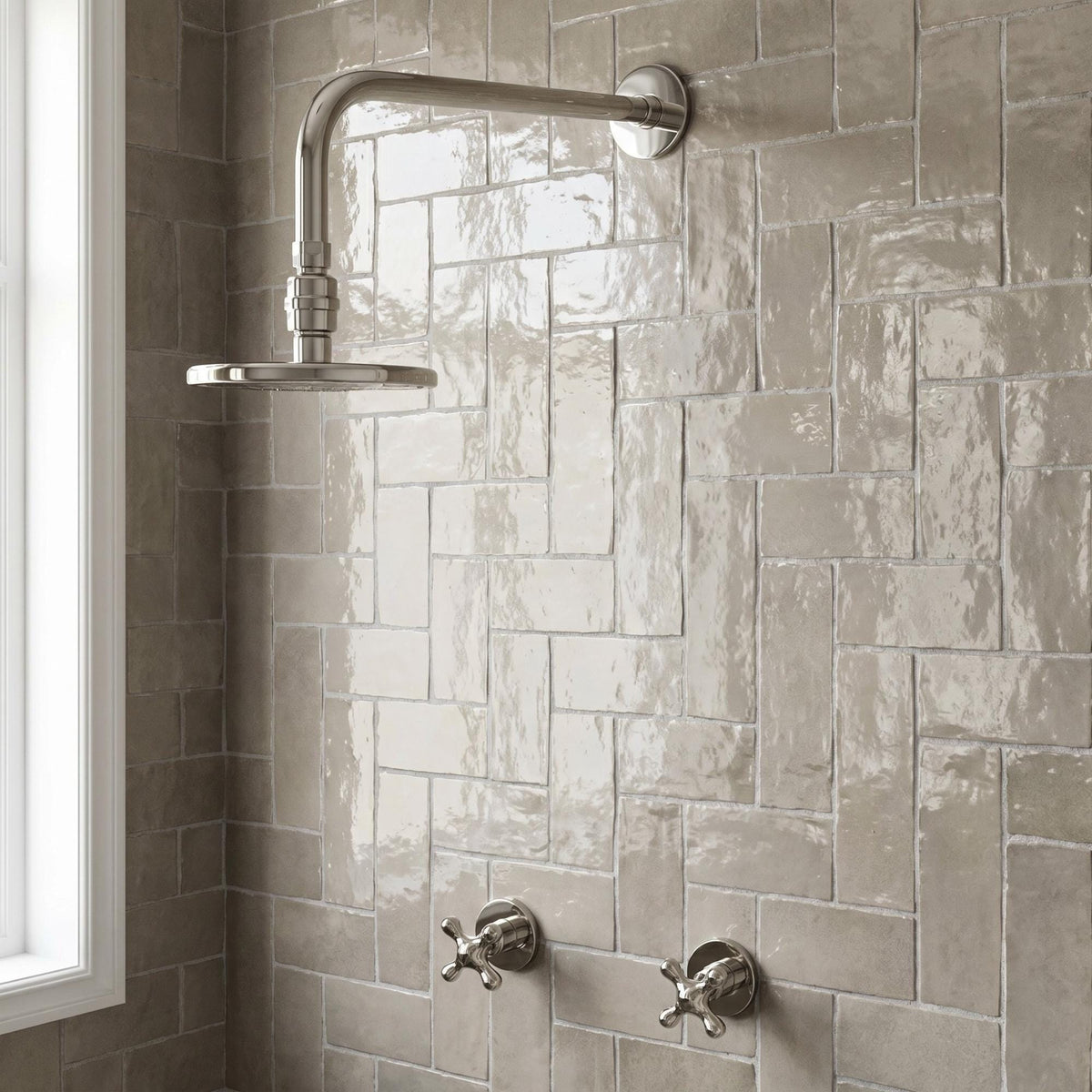 Polished Nickel Shower System, Rain Shower Head, Cross Handles
