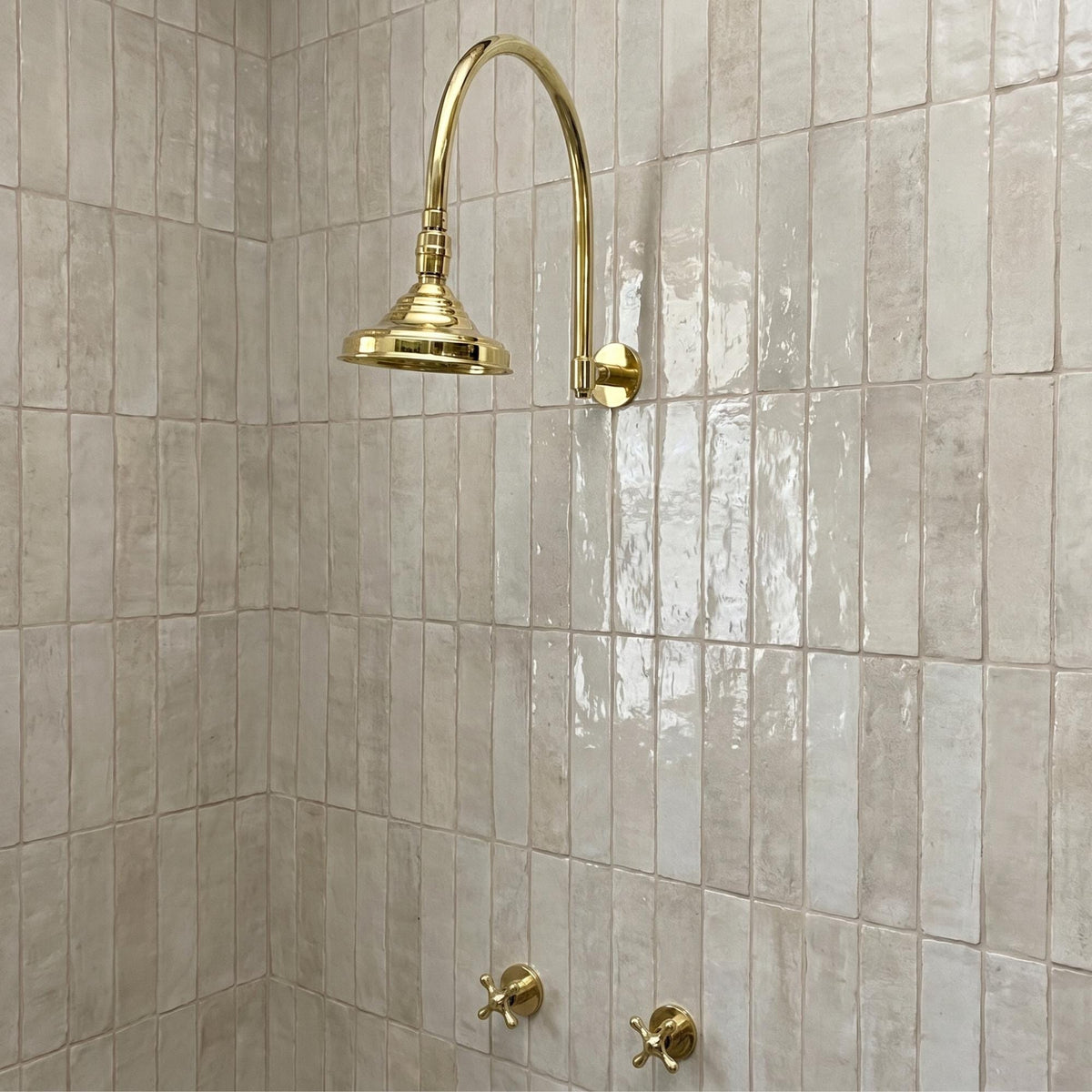 Unlacquered Brass Shower System, Round Rain Shower Head, Cross Handles