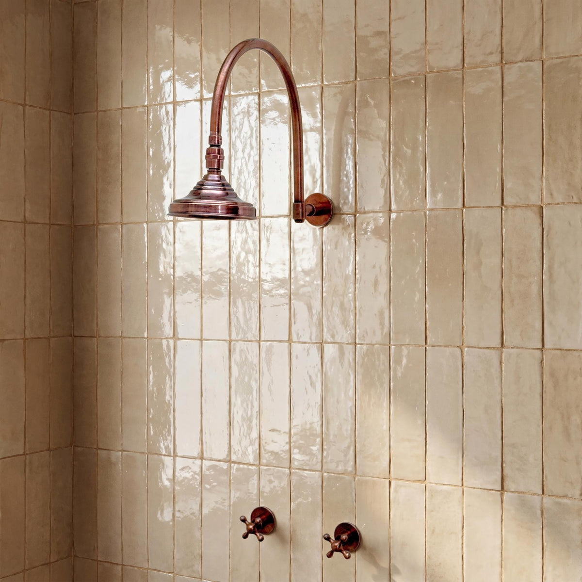 Antique Copper Rain Shower System, Arcuate Arm, Adjustable Head, Cross Handles