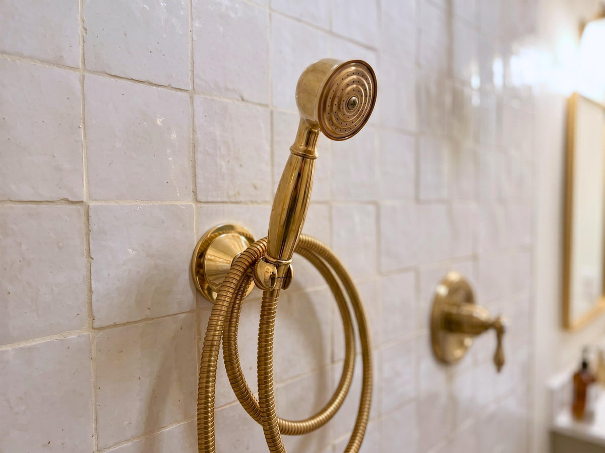 Unlacquered Brass Hand Held Shower, Handheld Shower Head with Flexible Hose