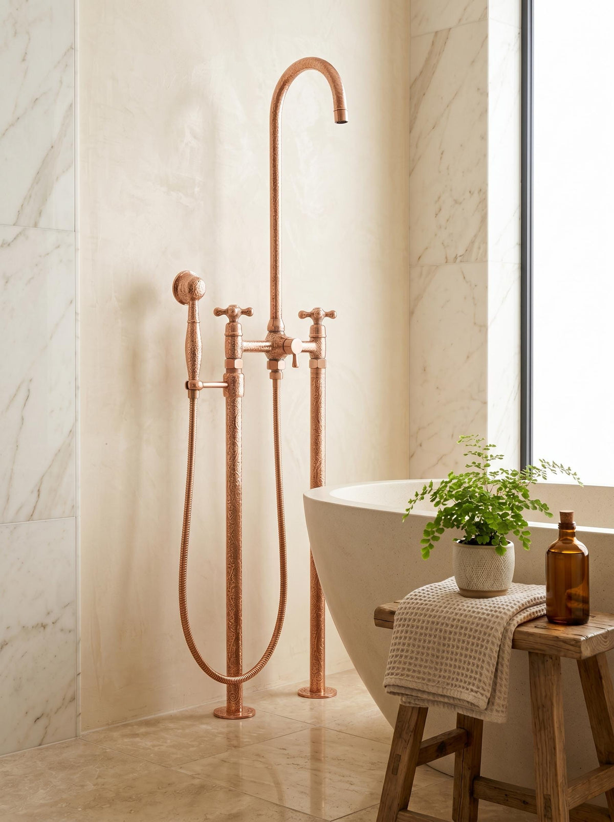 Engraved Unlacquered Copper Floor-Mount Tub Filler with Handshower