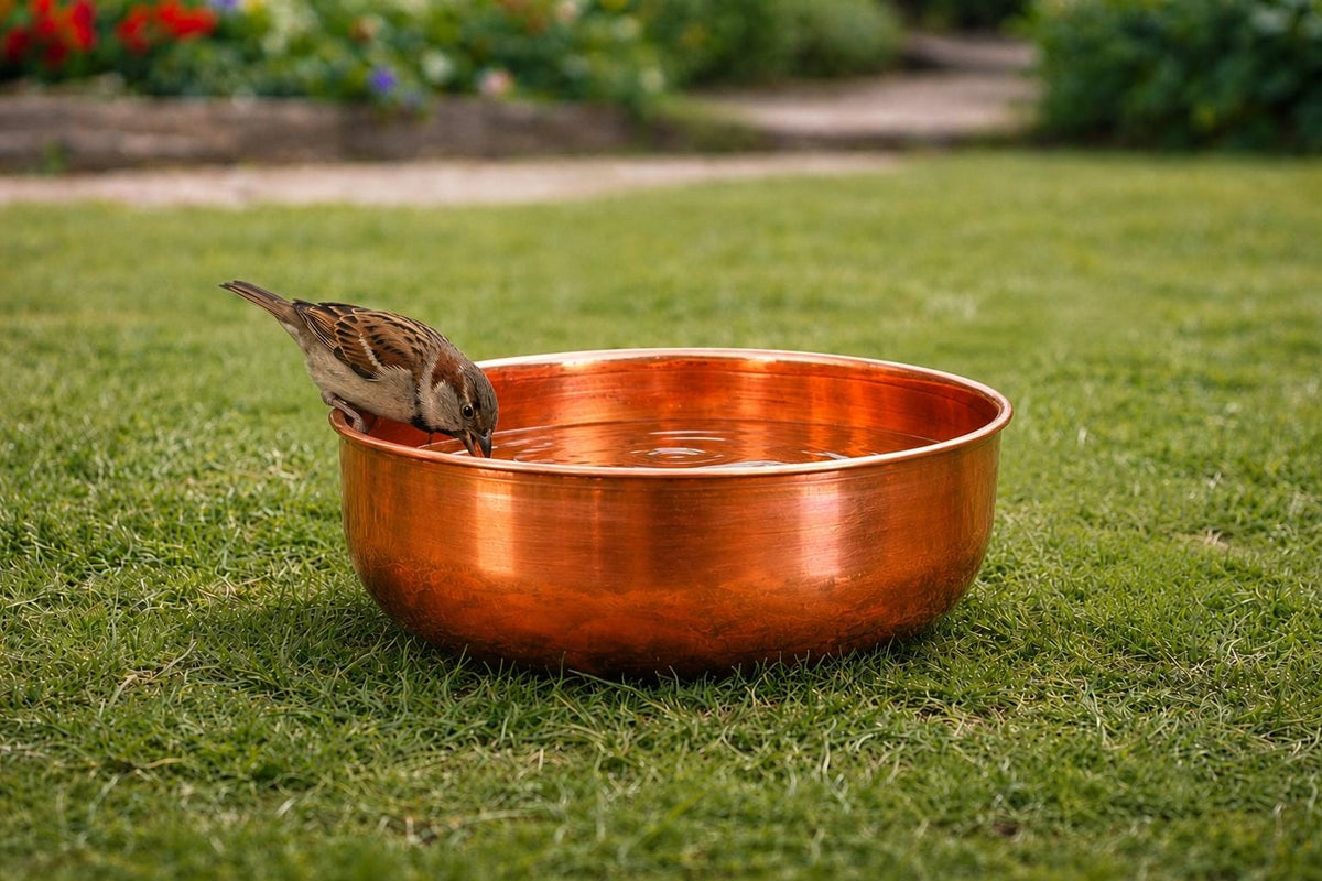 Handmade Copper Bird Bath Bowl – Outdoor Garden Water Bowl – Rustic Copper Bird Water Dish – Backyard Bird Feeder – Gard